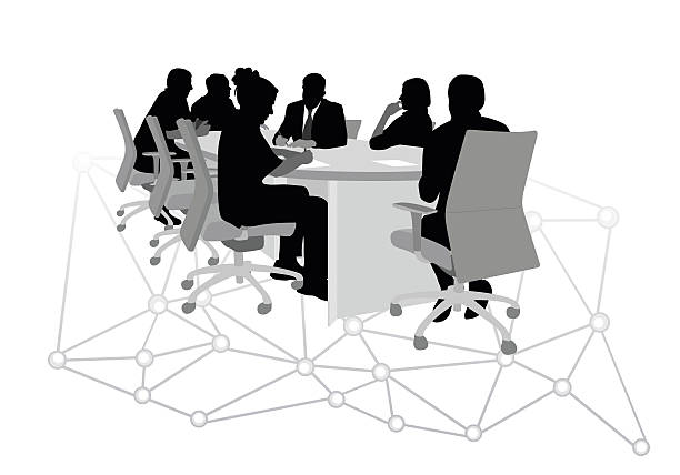Boardroom Connect A vector silhouette illustration of a board meeting several business men and woman gathered around a large table brainstorming.  Below them is a design of dots connected by lines. board of directors stock illustrations