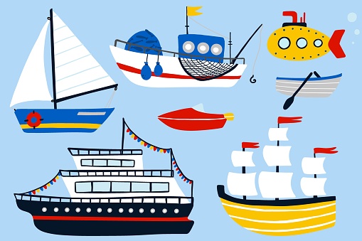 Boat and ship set. Cartoon hand drawn colorful sail childish collection, water transport, sailing yacht, sailboat and submarine, kids design elements. Baby adventure and travel vector isolated set