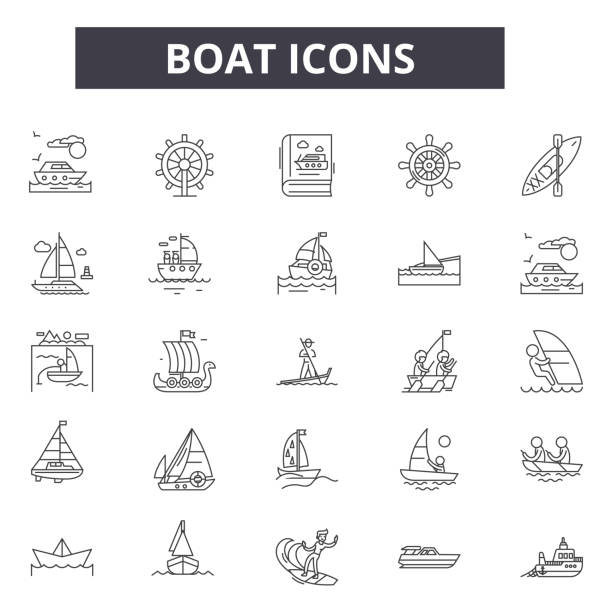 ilustrações, clipart, desenhos animados e ícones de linha ícones do barco para o web e o projeto móvel. sinais editáveis do curso. ilustrações do conceito do esboço do barco - speed boat versus sail boat