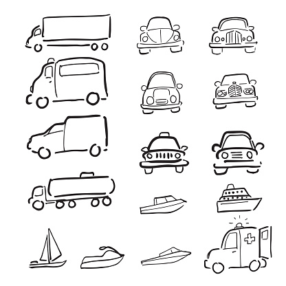 Boats And Cars Cartoon Drawing Icosns Set Stock Illustration - Download ...