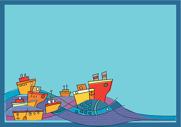 ilustraciones, imágenes clip art, dibujos animados e iconos de stock de barcos, al mar y gran pescado - tintanegra00