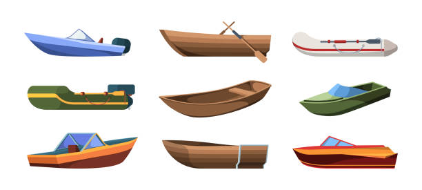 ilustrações, clipart, desenhos animados e ícones de tipos de barcos. navios de madeira para transporte de vetores marítimos ou marítimos para ilustrações planas do rio são isolados - speed boat versus sail boat