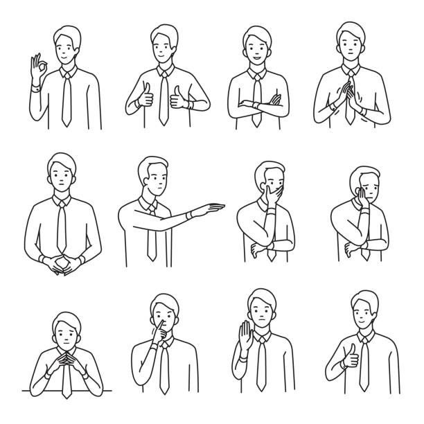 ilustraciones, imágenes clip art, dibujos animados e iconos de stock de lenguaje corporal mano signo conjunto - foto triste para perfil