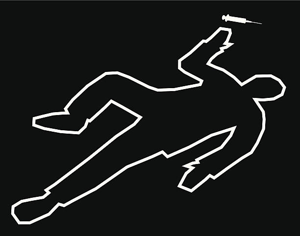 Body Outline Drug Overdose Vector illustration of a tape outline of a dead body with a syringe next to it's hand against a black background. dead people stock illustrations