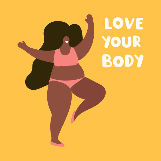 Body positive concept. Love your body. Hand drawn vector illustration with lettering. Best for greeting card, t shirt, print, stickers, posters design. cartoon of fat lady in swimsuit stock illustrations
