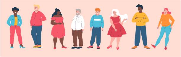 Body positive concept with plus size people Body positive concept with a diverse group of plus size and overweight people standing in a line, colored vector illustration positive body image stock illustrations