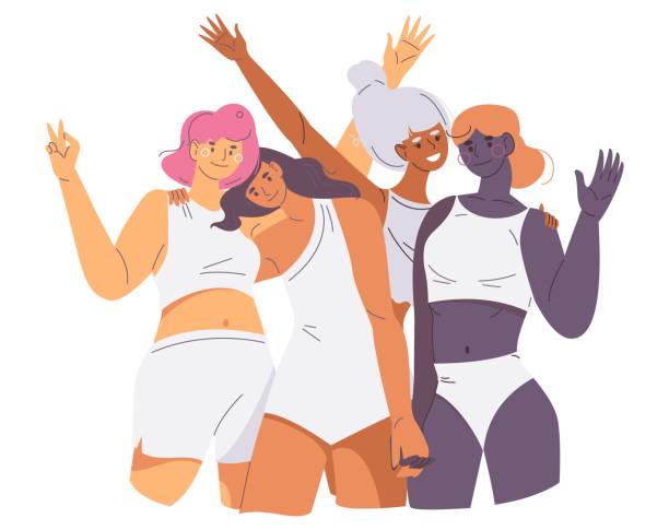 Body positive female characters of various skin colors. Smiling women hugging each other in white swimsuits. Vector concept feminism illustration Body positive female characters of various skin colors. Smiling women hugging each other in white swimsuits. Vector concept feminism illustration positive body image stock illustrations