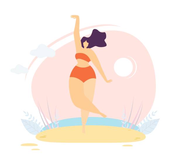 Body Positive Flat Poster Template Woman Motivate Happy Chubby Girl in Swimwear Doing Yoga Exercise Fitness Cartoon Woman Dancing Ballet Plus Size Model Posing on Sunny Beach Vector Illustration Feminine Body Positive Concept Active Lifestyle Banner cartoon of fat lady in swimsuit stock illustrations