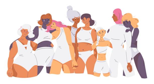 Body positive girls of different nationalities. Smiling women hugging each other in white swimsuits. Vector concept feminism illustration Body positive girls of different nationalities. Smiling women hugging each other in white swimsuits. Vector concept feminism illustration cartoon of fat lady in swimsuit stock illustrations