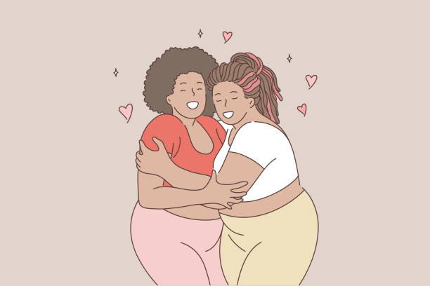 Body positive, hugging, love, lgbt, friendship concept Body positive, hugging, concept. Young plus size afro american happy smiling obese thick women friends cartoon characters lesbians embracing together. Lgbt love and true friendship illustration. positive body image stock illustrations