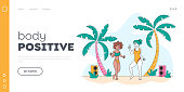 istock Body Positive Landing Page Template. Young Girls Characters Wearing Swim Suits Dancing on Seaside at Summer Beach Party 1284621865
