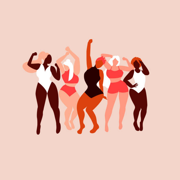 Body positive. Love your body. Different skin color and body size women characters dance in swimsuit. Flat vector illustration for postcard, banner, poster, app. Eps 10 Body positive. Love your body. Different skin color and body size women characters dance in swimsuit. Flat vector illustration for postcard, banner, poster, app cartoon of fat lady in swimsuit stock illustrations