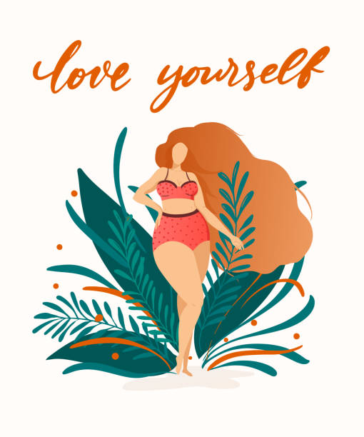 Body positive poster with trendy hand drawn lettering Love yourself Girl with beautiful hair against a background of green leaves and plants. Female characters. Feminism quote cartoon of fat lady in swimsuit stock illustrations