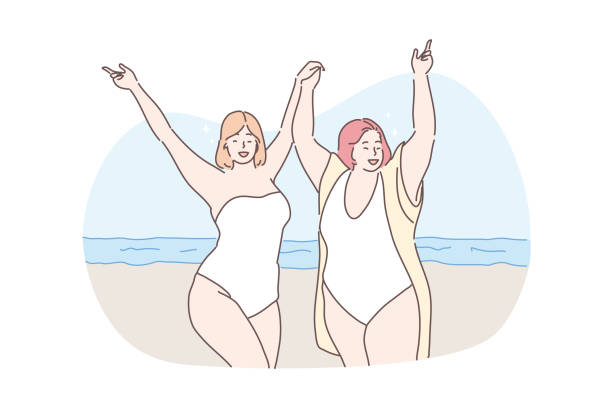 Body positive, vacation, holiday concept Body positive, vacation, travelling, holiday concept. Young happy obese thick women friends tourists on ocean beach holding hands together. Summer rest or recreation on sea coast and active lifestyle. cartoon of fat lady in swimsuit stock illustrations