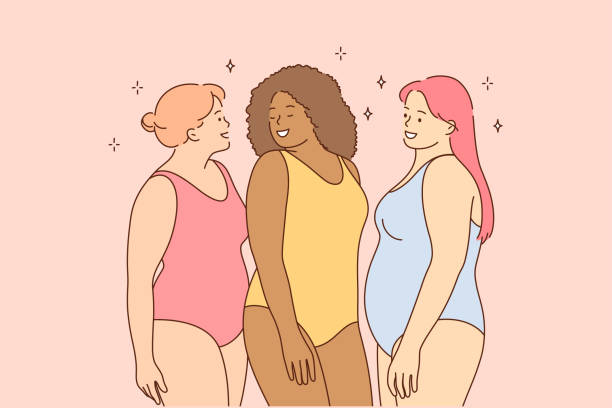 Body positive, vacation, travelling, holiday concept Body positive, vacation, travelling, holiday concept. Young happy obese thick women friends tourists characters in swimsuits standing together. Summer rest recreation on sea coast and active lifestyle cartoon of fat lady in swimsuit stock illustrations