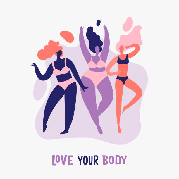 Body positive Love your body - body positive. Happy Women of different figure type in lingerie. Beauty diversity of different women in the flat style cartoon of fat lady in swimsuit stock illustrations