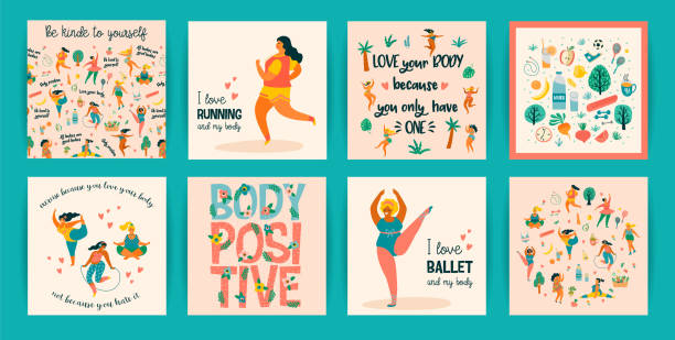 Body positive. Vector templates. Happy plus size girls and active healthy lifestyle. Body positive. Vector templates. Happy plus size girls and active healthy lifestyle. Design elements. cartoon of fat lady in swimsuit stock illustrations