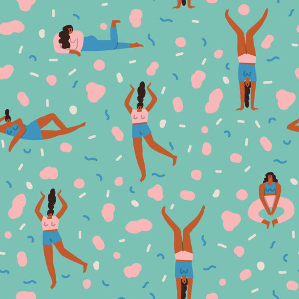 Body positive with various of young women characters in different poses seamless pattern in vector. Happy women characters seamless pattern in vector. women patterns stock illustrations