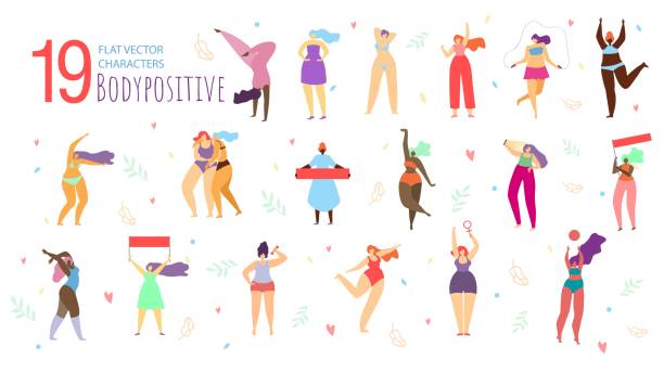 Body Positive Women Characters Flat Vector Set Body Positive Women Multinational Characters Dancing in swimwear, Standing with Banner or Poster, Lady Making Selfie Photo with Friend, Doing Fitness Exercises Trendy Flat Vector Illustration Set positive body image stock illustrations