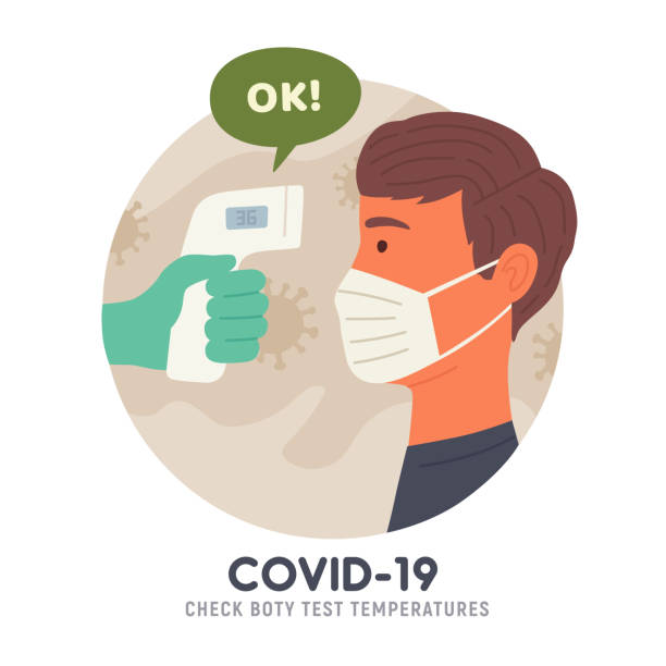 Body temperature check before entry. Non-contact thermometer. COVID-19. Coronavirus. Vector illustration  thermometer stock illustrations