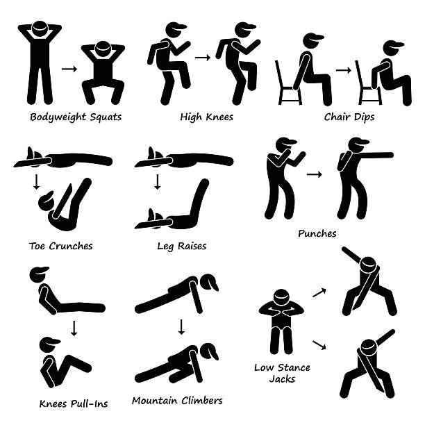 Body Workout Exercise Fitness Training (Set 2) Pictogram A set of human pictogram showing plank variation poses. They are bodyweight squats, high knees, chair dip, toe crunches, leg crunches, punches, knee pull-ins, mountain climbers, and low stance jack. mountain climber exercise stock illustrations