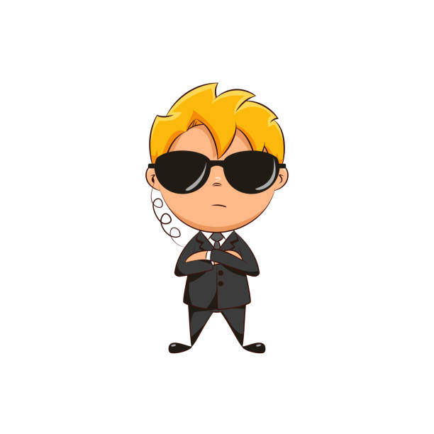 Bodyguard crossed arms gesture, cute kid Bodyguard, child, boy, arms crossed, security service, spy, cute kid, wearing dark formal suit, sunglasses, young man, person, cartoon character, vector illustration, isolated, white background blond hair stock illustrations
