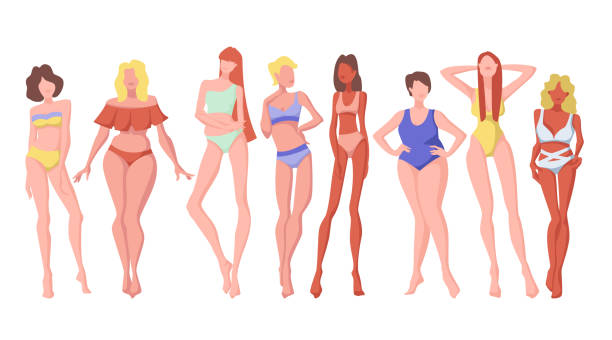 Bodypositive1 Women posing. Multiracial women of different height, figure type and size dressed in swimsuits standing in row. Body positive illustration of diffrent body types. cartoon of fat lady in swimsuit stock illustrations