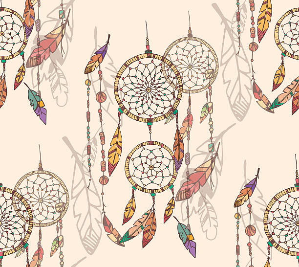 Bohemian dream catcher with beads and feathers, seamless pattern vector art illustration