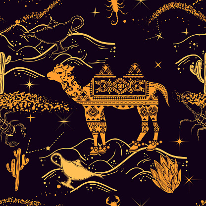 Bohemian hand-drawn seamless pattern with camel, desert, cactus and lamp. Bedouin life. African tribal style.