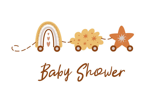 Boho Baby Shower Invitation Template With Train From Rainbow, Cloud, Star. Cute Baby Shower Card With Train Vector