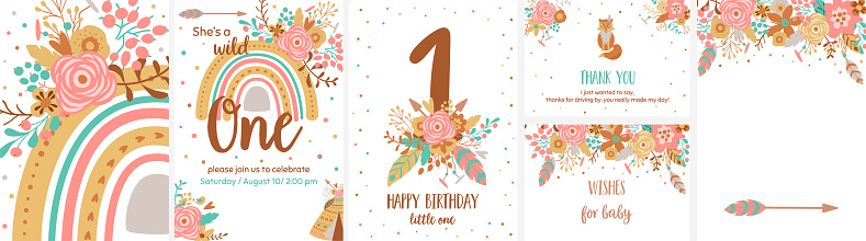 Boho birthday. Baby boho first birthday card template set. Pink tribal floral rainbow collection banners. Vector illustration.