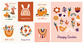 Boho Easter concept design, greeting cards with bunnies, eggs, flowers and rainbows in pastel and terracotta colors, flat vector illustrations set