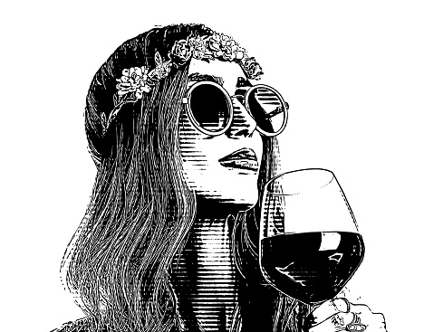 Boho hippie woman drinking glass of wine.