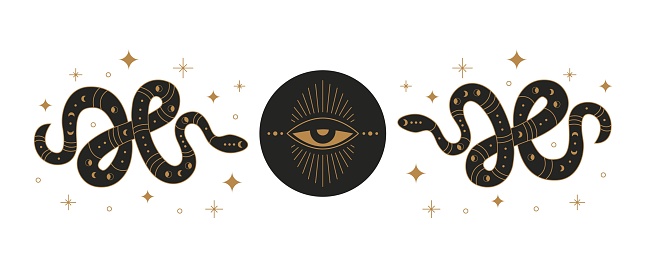 Boho mystic snake design. Abstract hand drawn esoteric serpent icon  golden elements with moon eye, occult egypt style. Vector illustration