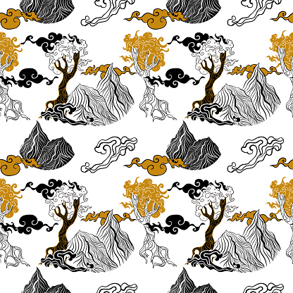 Boho seamless pattern with mountains, trees and clouds. Oriental style and east motifs.