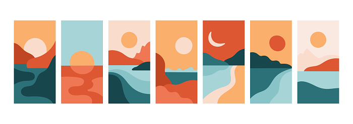 Boho summer beach background set. Abstract landscape art for modern story template or greeting card design