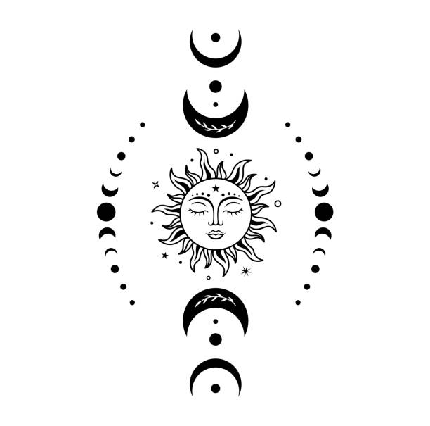 ilustrações de stock, clip art, desenhos animados e ícones de boho sun and moon. vector magic illustration with celestial symbols. - moon b&w