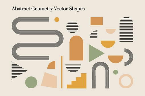 Vector abstract geometric elements and shapes in Boho style. Good for wall decoration, postcard or brochure cover design. Minimalist Mid century modern.