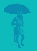 Engraving illustration of a Boho woman holding umbrella