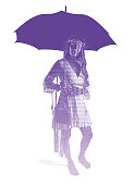 Engraving illustration of a Boho woman holding umbrella
