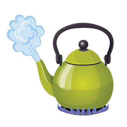 Boiling water in aluminium kettle on gas flame realistic vector illustration