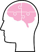 Vector illustration of a outline male head profile with a pink brain made of puzzle pieces.