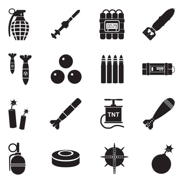 Bombs And Explosives Icons. Black Flat Design. Vector Illustration. Bomb, Atomic Bomb,Weapon, Explosive, Military. torpedo weapon stock illustrations