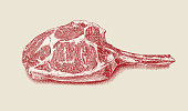 Stipple vector of a Bone-in rib eye steak. USDA Prime, cowboy cut.