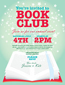 Book club event invitation design template. Includes open book and sample text design. Ideal for party, gathering or celebration book signing event. Vector illustration. 