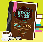 Book club event invitation design template. Includes open book and sample text design. Ideal for party, gathering or celebration book signing event. Vector illustration. 