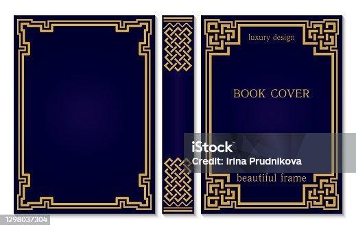 istock Book cover and spine design with a Celtic or Asian weave knot. Vintage old frames and corners. Luxury Gold and dark blue style design. Border to be printed on covers and pages of books. 1298037304