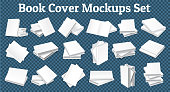 A large set of hardcover book mockup. Layout for publishing and advertising print products. In different perspectives 3D image. Isolated. Vector.