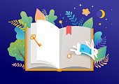 Book festival concept illustration - a group of tiny people reading a huge open book. Vector illustration, poster and banner