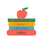 Stack of books of different genres with an apple on an isolated white background. Reading concept. Book festival. Vector stock illustration. Various colors of books in a hand-drawn style.